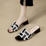 Square head woven sandals high heel slippers