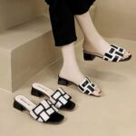 Square head woven sandals high heel slippers - Image 5