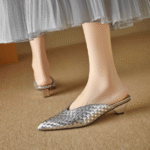 Genuine leather silver woven toe half slippers for women - Image 2