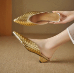 Genuine leather silver woven toe half slippers for women