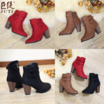 Boots for women 2025 European and American suede short barrel side zipper artificial short plush medium heel thick heel rubber pointed toe fashion boots - Image 5