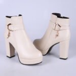 Winter New Style Belt Buckle Chunky Heel Ankle Boots Women's High Heel Martin Boots Fashion Pearl Pendant Boots - Image 6