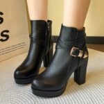 American belt buckle fashion boots side zipper thick heel high heel short boots