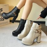 American belt buckle fashion boots side zipper thick heel high heel short boots - Image 4