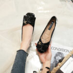 New Style Flat Black Small Fragrance Square Toe Shoes Patent Leather Shallow Mouth Shoes Soft Sole Plaid Bean Shoes - Image 3