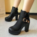 American belt buckle fashion boots side zipper thick heel high heel short boots - Image 5