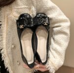 New Style Flat Black Small Fragrance Square Toe Shoes Patent Leather Shallow Mouth Shoes Soft Sole Plaid Bean Shoes