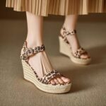 New Summer Hemp Rope Wedge Sandals Fish Mouth Leopard Print Thick Sole High Heel One-Line Sandals Versatile Women's Shoes