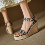 New Summer Hemp Rope Wedge Sandals Fish Mouth Leopard Print Thick Sole High Heel One-Line Sandals Versatile Women's Shoes - Image 3