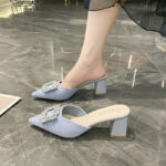 Rhinestone square buckle closed-toe slippers for women, summer outerwear, suede pointed toe chunky heel high heels - Image 2