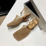 Summer New Vintage Woven Hollow Square Toe Thick Heel High Heels for Women - Image 9