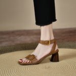 New Summer Style Retro Style with Skirt, High Heels, Brown Thick Heel Buckle Sandals, Fairy Style - Image 4