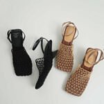 Summer New Vintage Woven Hollow Square Toe Thick Heel High Heels for Women - Image 4