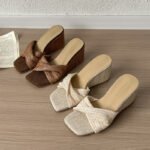 Vacation Style Retro Woven Wedge-Heeled Slippers for Women's Casual and Versatile Square-Toe Open-Toe Sandals White Brown - Image 8
