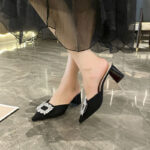 Rhinestone square buckle closed-toe slippers for women, summer outerwear, suede pointed toe chunky heel high heels - Image 3