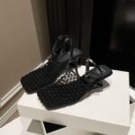 Summer New Vintage Woven Hollow Square Toe Thick Heel High Heels for Women - Image 10