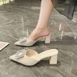 Rhinestone square buckle closed-toe slippers for women, summer outerwear, suede pointed toe chunky heel high heels - Image 5