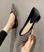 New Low Heel Classic Fashion All-match Pointed 3cm Chunky Heel Shallow Rhinestone Pearl Mesh Single-layer Shoes for Women - Image 3