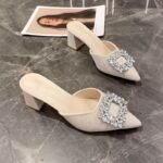 Rhinestone square buckle closed-toe slippers for women, summer outerwear, suede pointed toe chunky heel high heels - Image 8