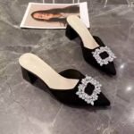 Rhinestone square buckle closed-toe slippers for women, summer outerwear, suede pointed toe chunky heel high heels - Image 9