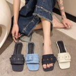 new summer square toe beach shoes all-match denim blue square buckle flat shoes - Image 5