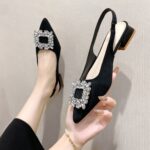 New Baotou Back Empty Rhinestone Thick Heel Low Heel Pointed Shallow Mouth Commuer Shoes