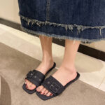 new summer square toe beach shoes all-match denim blue square buckle flat shoes - Image 2