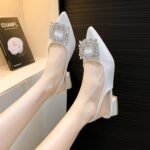 New Baotou Back Empty Rhinestone Thick Heel Low Heel Pointed Shallow Mouth Commuer Shoes - Image 9