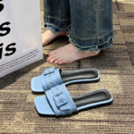 new summer square toe beach shoes all-match denim blue square buckle flat shoes - Image 4