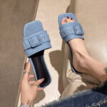 new summer square toe beach shoes all-match denim blue square buckle flat shoes