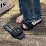 new summer square toe beach shoes all-match denim blue square buckle flat shoes - Image 8