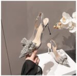 New Stiletto Heel Pointed Bride Wedding Shoes Sequin Rhinestone Bow Summer Baotou High Heels Sandals Bridesmaid Shoes - Image 2