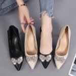 New Style Genuine Soft Leather Shallow Mouth Bowknot Rhinestone Buckle Versatile Professional Work Shoes Pointed Toe Stiletto Heels Women's Shoe - Image 5