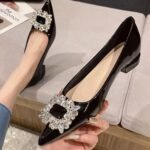 Shallow Patent Leather Low-Heeled Rhinestone High Heels That Are Comfortable - Image 3