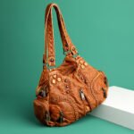 Cross-Border Women's Bag Made of Washed Fabric, Single Shoulder Bag with Soft Leather Texture, Vintage Fashion, Economical, Solid Color, Casual Handbag with Rivets