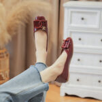 36 size New Style Flat Black Small Fragrance Square Toe Shoes Patent Leather Shallow Mouth Shoes Soft Sole Plaid Bean Shoes