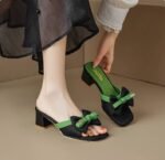 French Style Thick Heel High-end High-heeled Slippers Women's 2025 Summer Outer Wearing New Arrival Slide-off Bow Half-slipper Sandals
