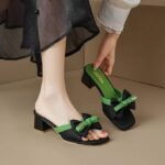 French Style Thick Heel High-end High-heeled Slippers Women's 2025 Summer Outer Wearing New Arrival Slide-off Bow Half-slipper Sandals
