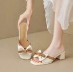 French Style Thick Heel High-end High-heeled Slippers Women's 2025 Summer Outer Wearing New Arrival Slide-off Bow Half-slipper Sandals - Image 2