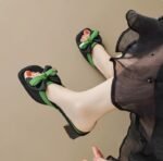 French Style Thick Heel High-end High-heeled Slippers Women's 2025 Summer Outer Wearing New Arrival Slide-off Bow Half-slipper Sandals - Image 3