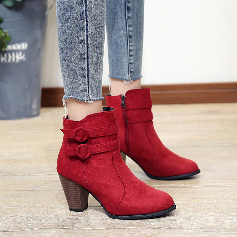 11683133570_1516891798 42 SIZE Boots for women 2025 European and American suede short barrel side zipper artificial short plush medium heel thick heel rubber pointed toe fashion boots - Image 1