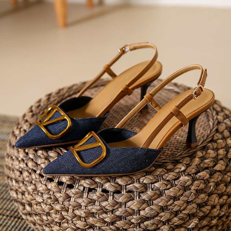 O1CN01u3yXD61hfk6pEkV5A_!!2219604294305-0-cib 40 SIZE Light Luxury Style Baotou Stiletto Sandals for Women 2026 Summer New Style French Socialite Shallow Mouth Pointed Toe Denim High Heels - Image 1