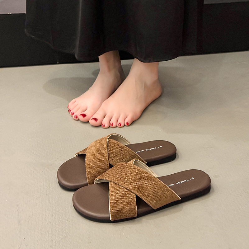 O1CN01uh2eyr2A5DSwEjwTo_!!2218595198151-0-cib 38 SIZE Cross-Strap Linen Slippers for Women, Summer New Style, Retro Casual Sandals, Vacation Seaside Beach Flat Sandals - Image 1
