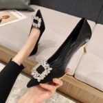 Elegant Rhinestone High Heels for Women, Black Low Heel, 2025 New Autumn Pointed Toe Shallow Mouth Off-White Thin Heel Pumps - Image 3