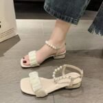 New summer French style sandals for petite women, featuring pearl details, super elegant and ethereal chunky heels that are comfortable to wear and perfect for pairing with skirts. - Image 2