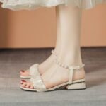 New summer French style sandals for petite women, featuring pearl details, super elegant and ethereal chunky heels that are comfortable to wear and perfect for pairing with skirts. - Image 7