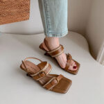 Soft Leather Version~Square-Toe French-Style One-Strap Wedge Sandals with Woven Metal Buckle, Elegant Resort-Style Roman Shoes with Unique-Shaped Heels