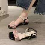 New summer French style sandals for petite women, featuring pearl details, super elegant and ethereal chunky heels that are comfortable to wear and perfect for pairing with skirts. - Image 3