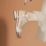 New summer French style sandals for petite women, featuring pearl details, super elegant and ethereal chunky heels that are comfortable to wear and perfect for pairing with skirts. - Image 5