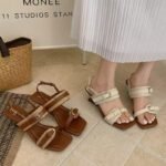 Soft Leather Version~Square-Toe French-Style One-Strap Wedge Sandals with Woven Metal Buckle, Elegant Resort-Style Roman Shoes with Unique-Shaped Heels - Image 10